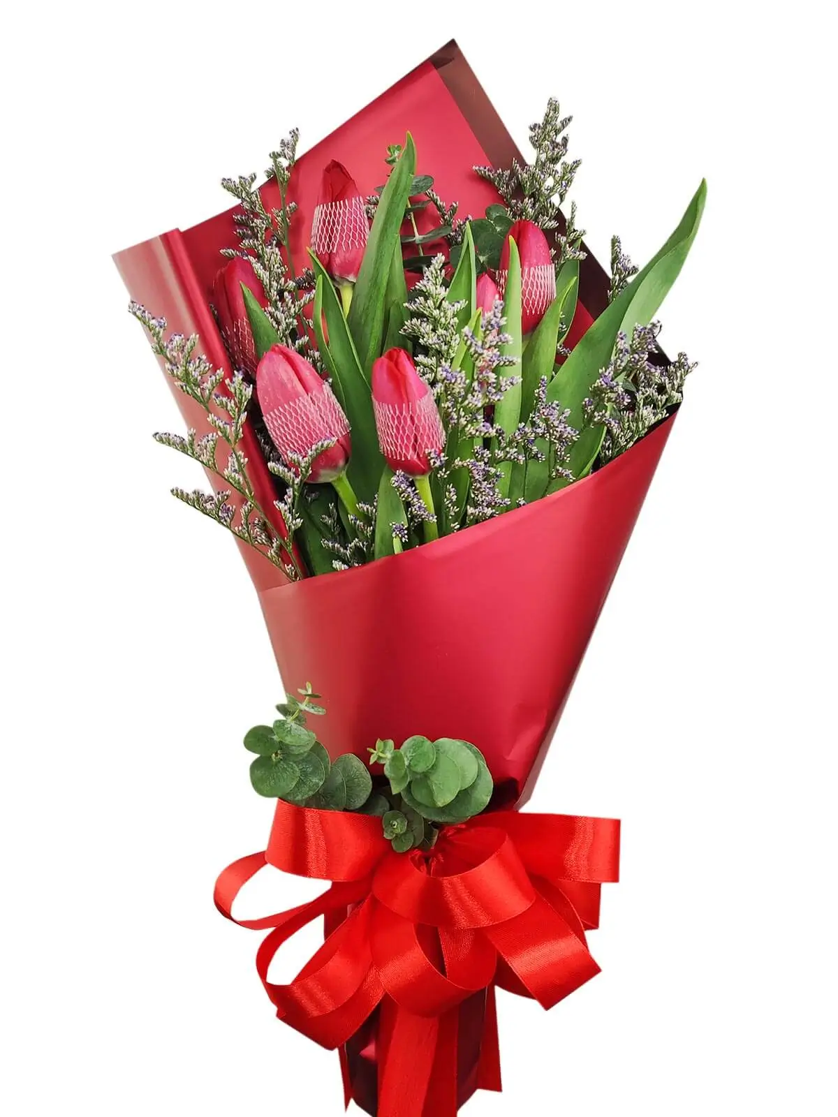 6 red tulips maroon