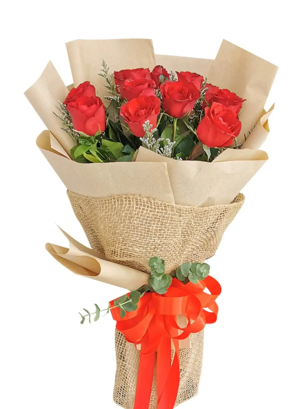 12 pcs red rose, kraft jute wrapper