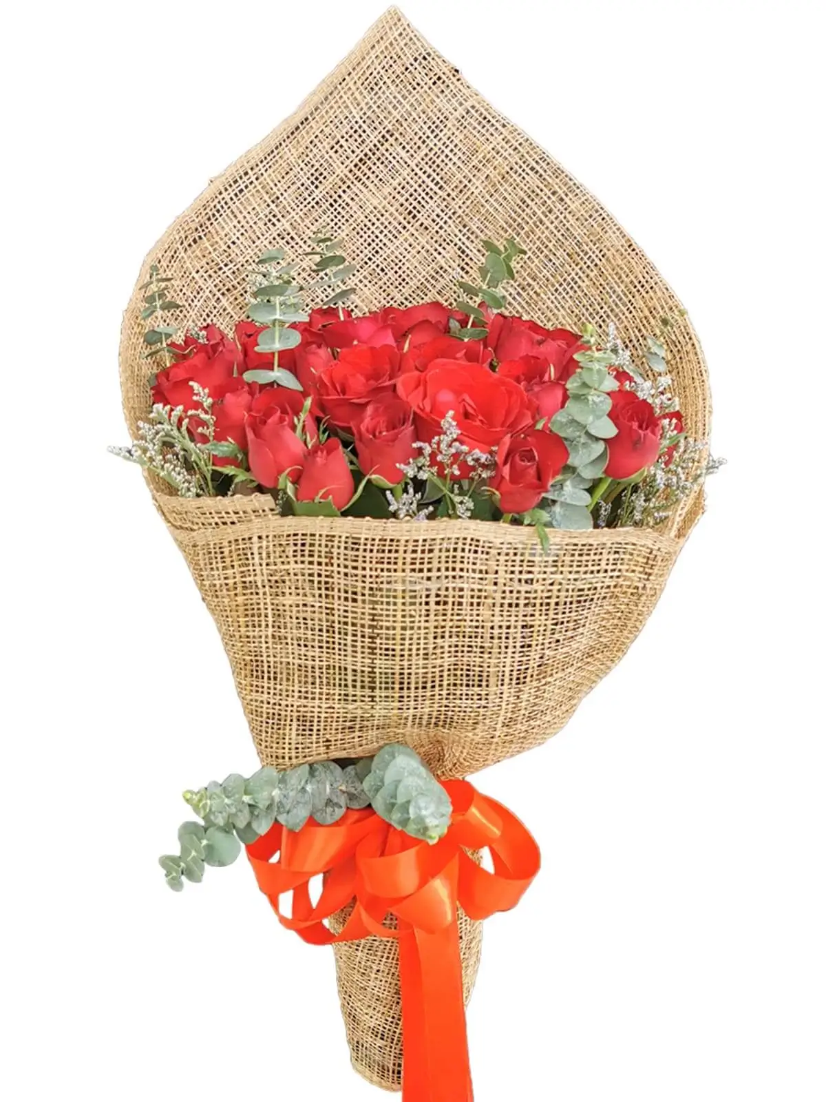 36 pcs red roses, abaca burlap