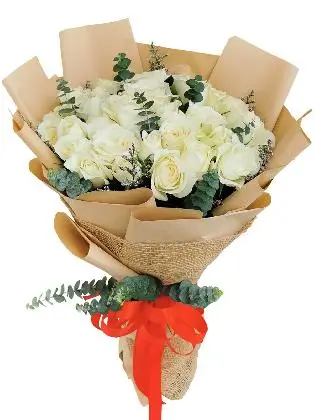 99 pcs white roses, kraft jute